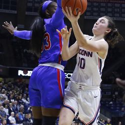 The SMU Mustangs take on the UConn Huskies in a women’s college basketball game at Gampel Pavilion in Storrs, CT on January 23, 2019.