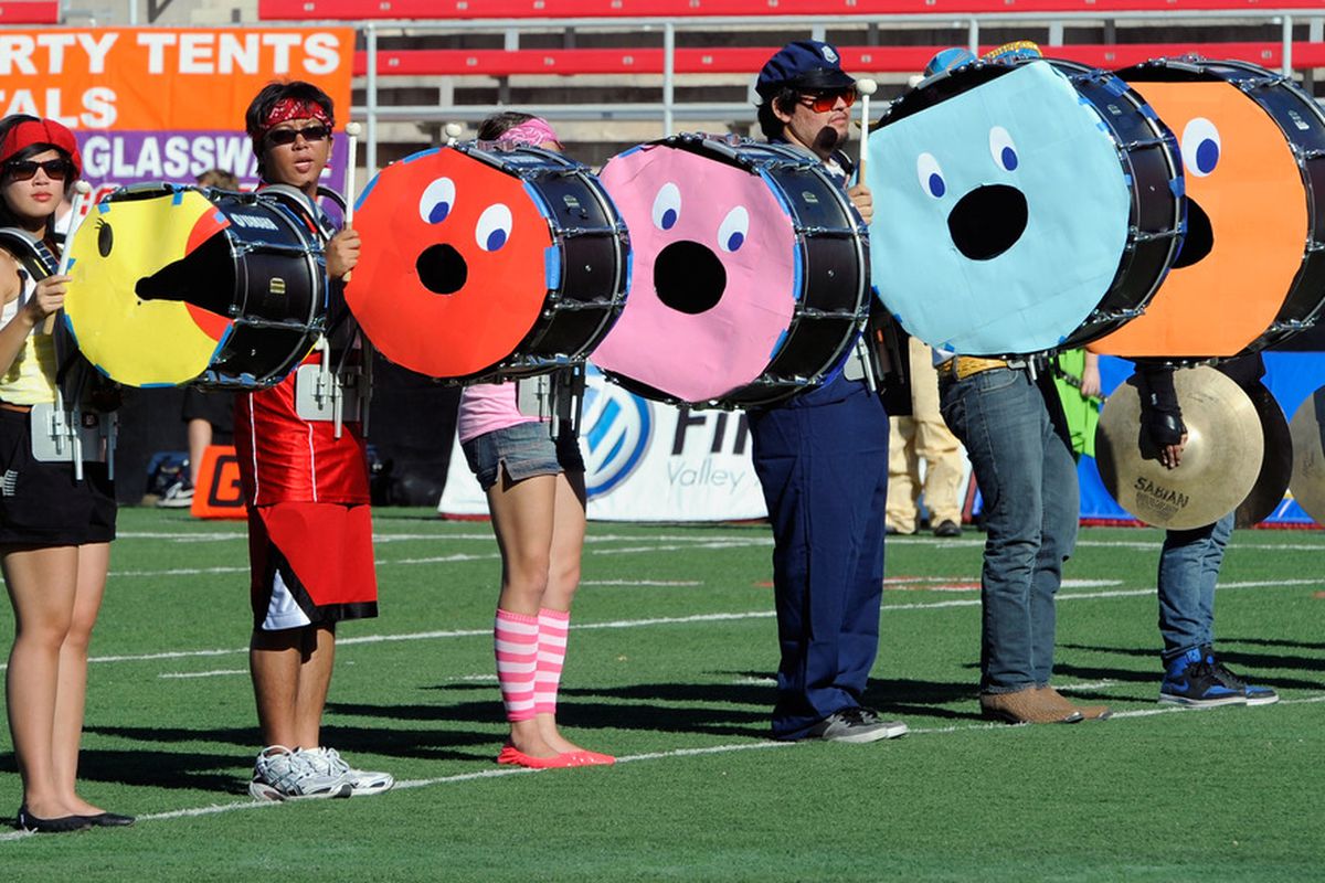 The AP isn't taking pictures of Buffs Basketball, so here's some bass drummers dressed up like pac-man.