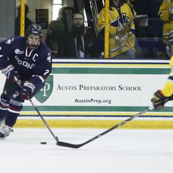 The UConn Huskies take on the Merrimack Warriors in a men's college hockey game at Lawler Rink in North Andover, MA on January 12, 2018.
