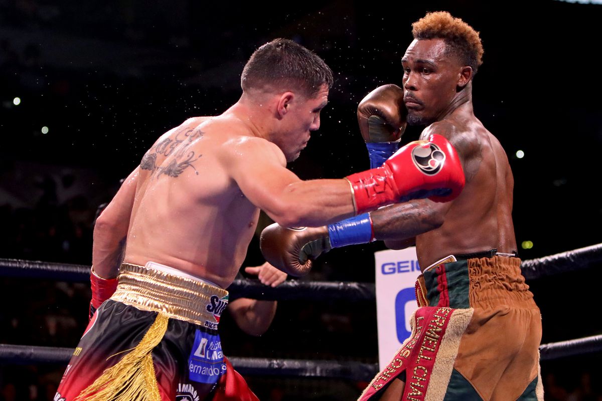 Jermell Charlo (R) and Brian Castano (L) exchange punches during their Super Welterweight fight at AT&amp;T Center on July 17, 2021 in San Antonio, Texas. The Jermell Charlo and Brian Castano fight ended in a split draw.