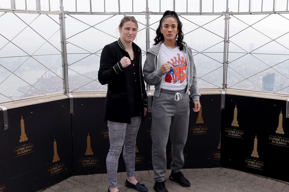 Katie Taylor and Amanda Serrano attend Light the Empire State Building in advance of the World Female Lightweight Titles from Madison Square Garden at The Empire State Building on April 26, 2022 in New York City.
