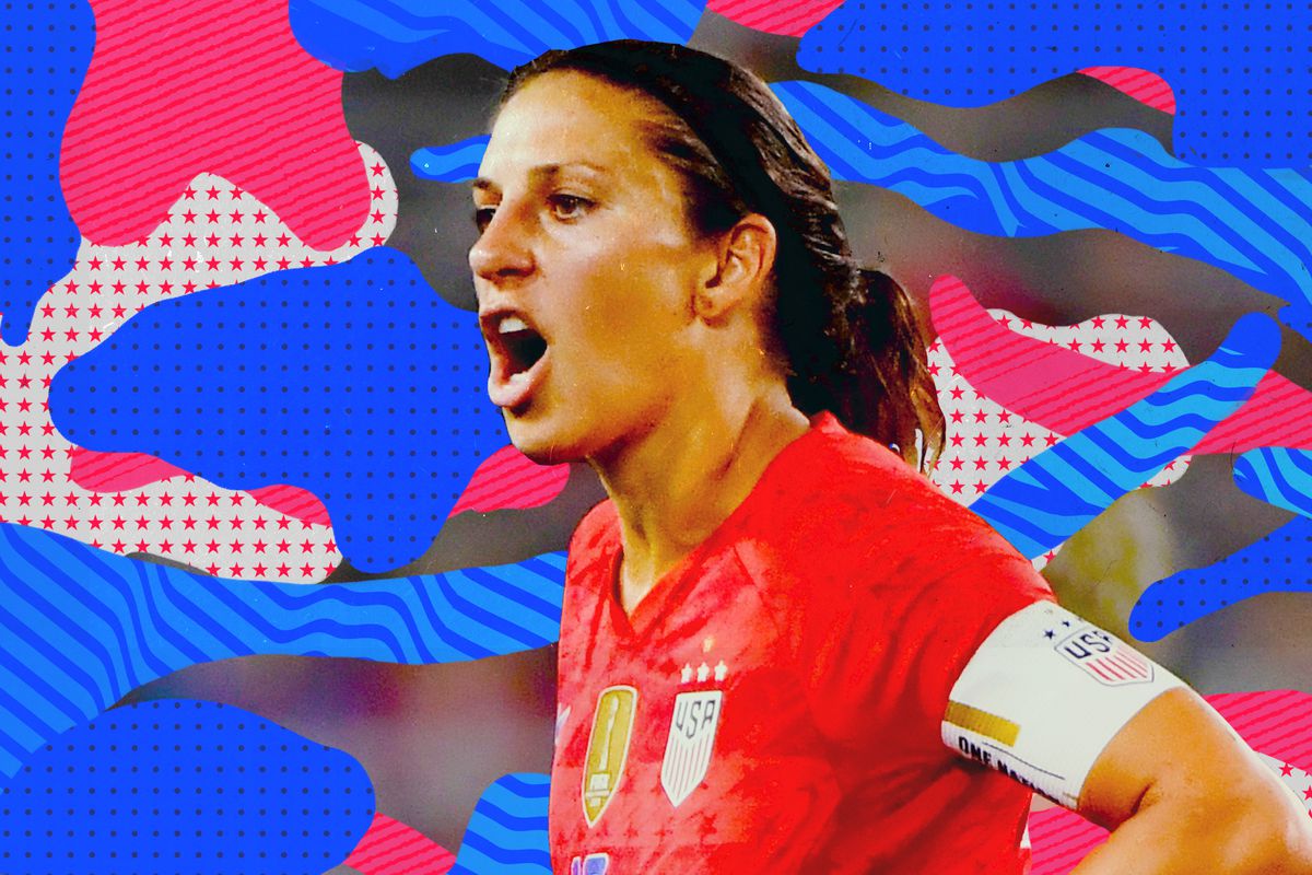 Carli Lloyd reacting after getting a yellow card while playing for the USWNT.