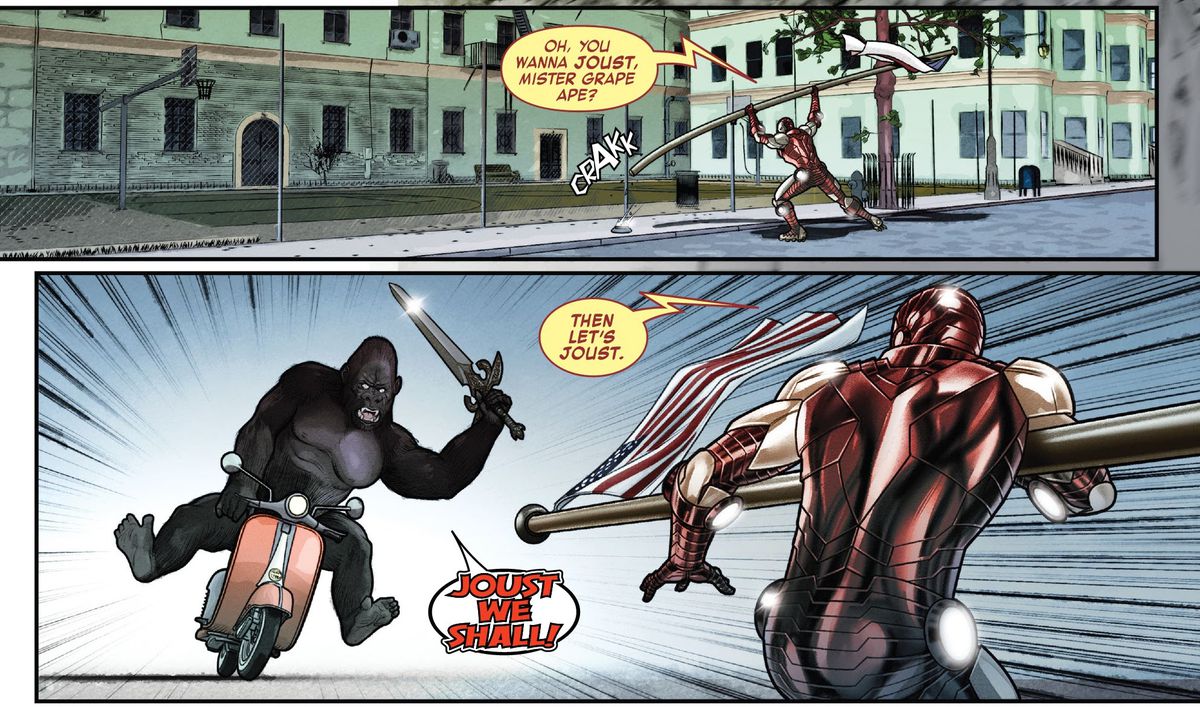 “Oh, you wanna joust, Mister Grape Ape?” Iron Man yells, pulling a flagpole from the ground, “Then let’s joust!” “JOUST WE SHALL,” roars a gorilla on a moped, brandishing a sword in Iron Man #20 (2022). 