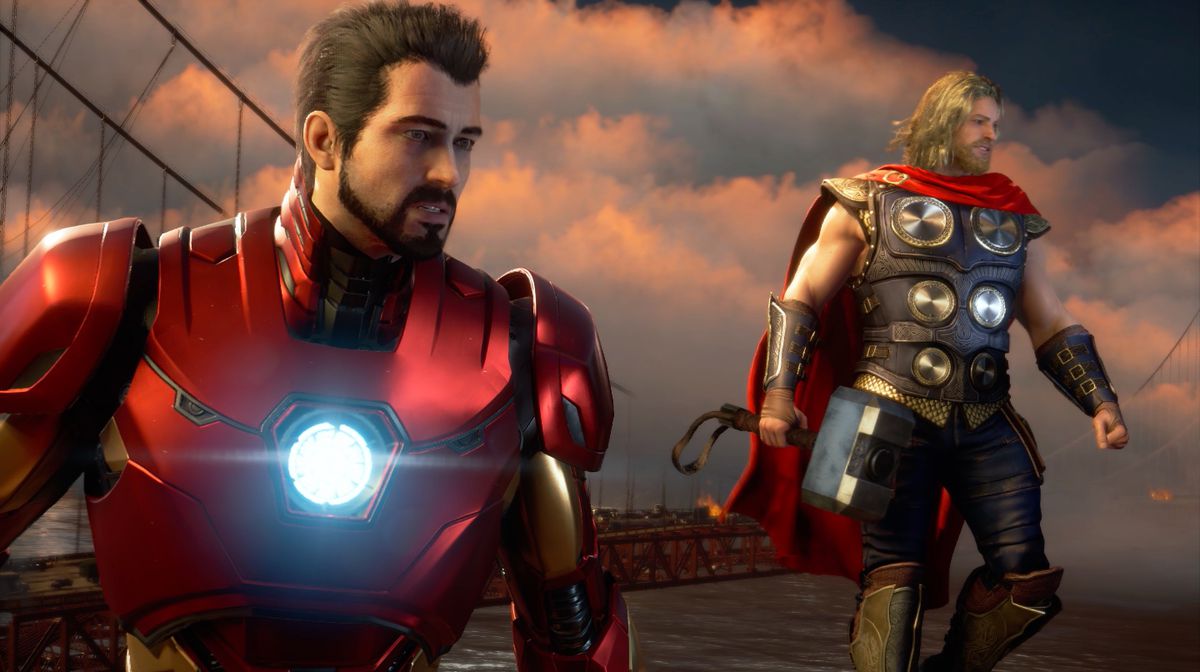 Iron Man and Thor hover near the Golden Gate Bridge in a screenshot from Marvel’s The Avengers game.