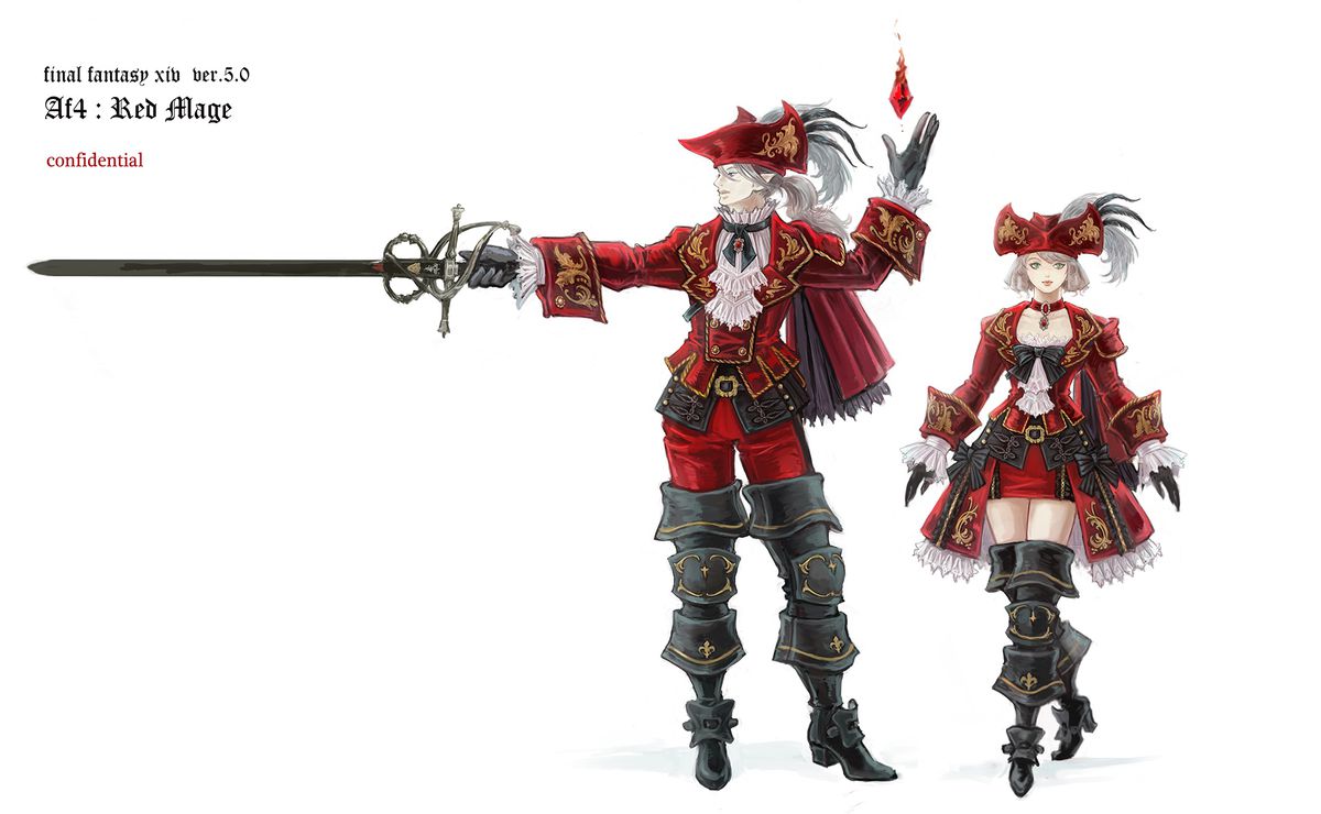 A male model clad in Red Mage Artifact armor holds a rapier. A female model next to him stands as if she is going to walk forward.