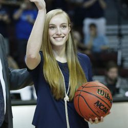 Brigham Young Cougars Lexi Rydalch is honored after becoming the all-time leading scorer in WCC history during the WCC tournament in Las Vegas Saturday, March 5, 2016. 