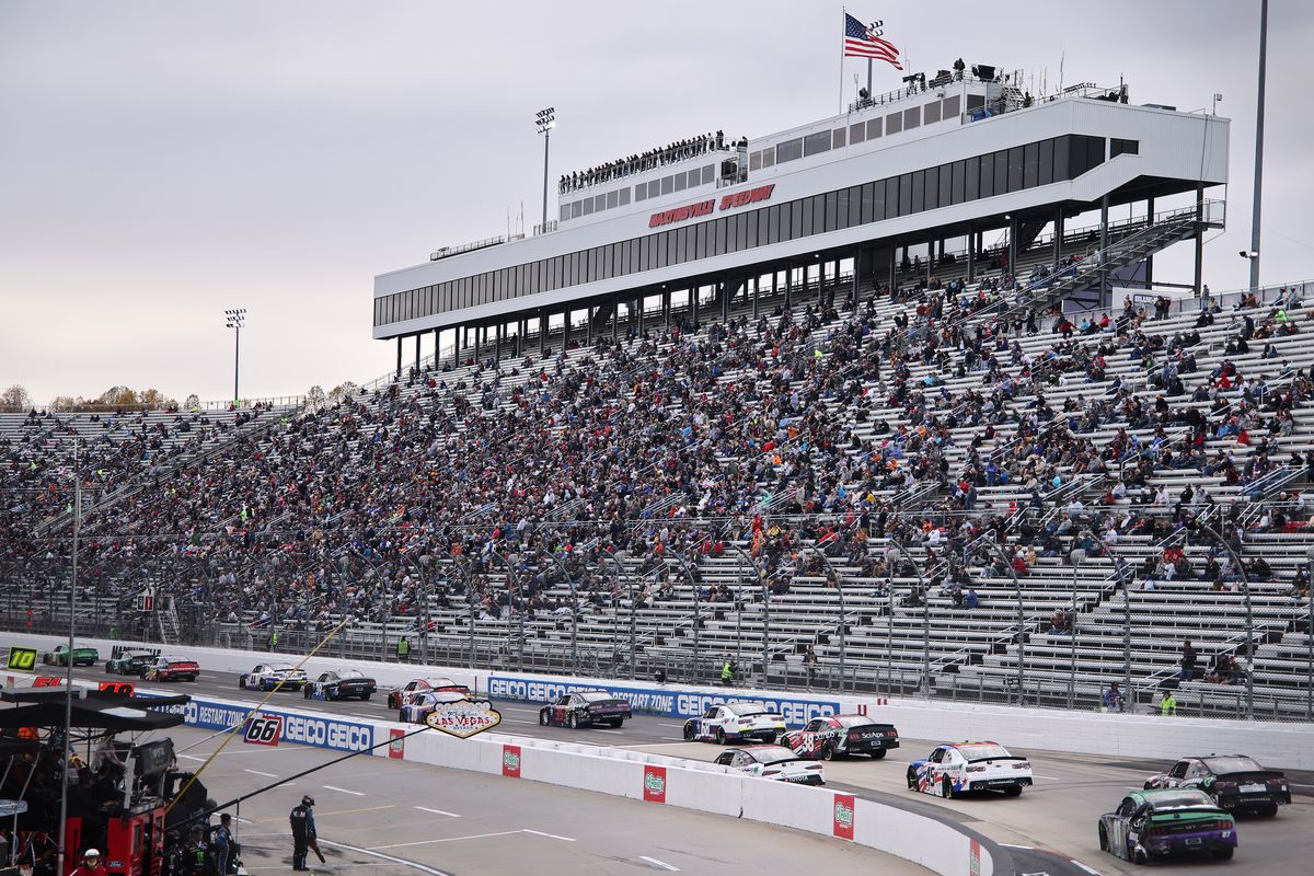 A general view of racing during the NASCAR Xfinity Series Dead On Tools 250 at Martinsville Speedway on October 29, 2022 in Martinsville, Virginia.