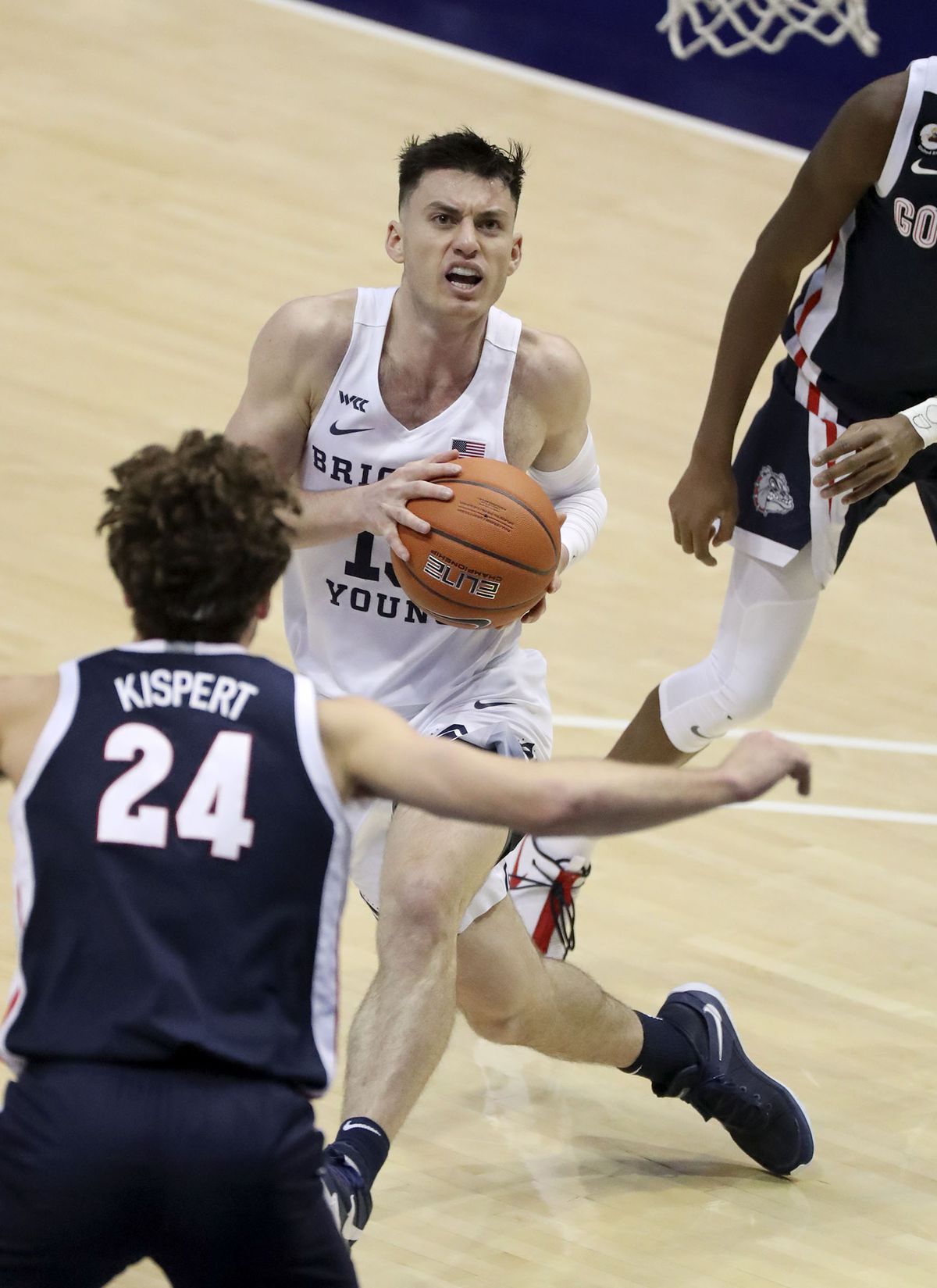 Brigham Young Cougars guard Alex Barcello (13) looks to shoot in front of Gonzaga Bulldogs forward Corey Kispert (24) during a basketball game at the Marriott Center in Provo on Monday, Feb. 8, 2021. BYU lost 71-82.