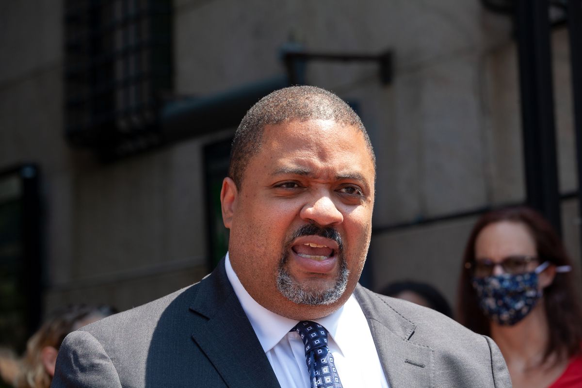 Manhattan district attorney candidate Alvin Bragg pushes for the Adult Survivors Act during a press conference outside Columbia University, May 26, 2021.