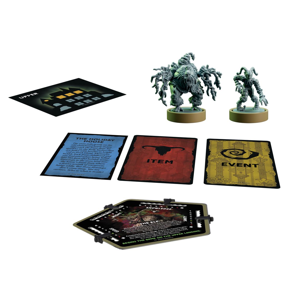 A new room card, a character card, and some miniatures rendered alongside a narrative card, and item card, and an event card back.