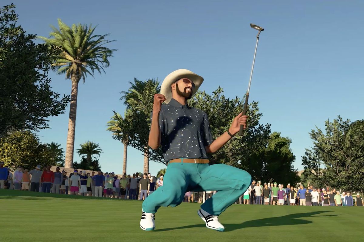 a bearded golfer celebrates a successful putt while crouching in PGA Tour 2K21