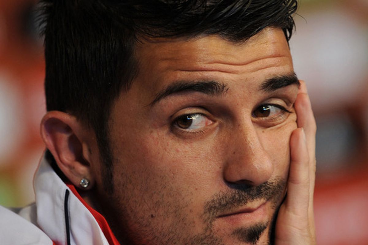 POTCHEFSTROOM, SOUTH AFRICA - JUNE 14:  David Villa of Spain listens to questions from the media during a press conference on June 14, 2010 in Potchefstroom, South Africa.  (Photo by Jasper Juinen/Getty Images)