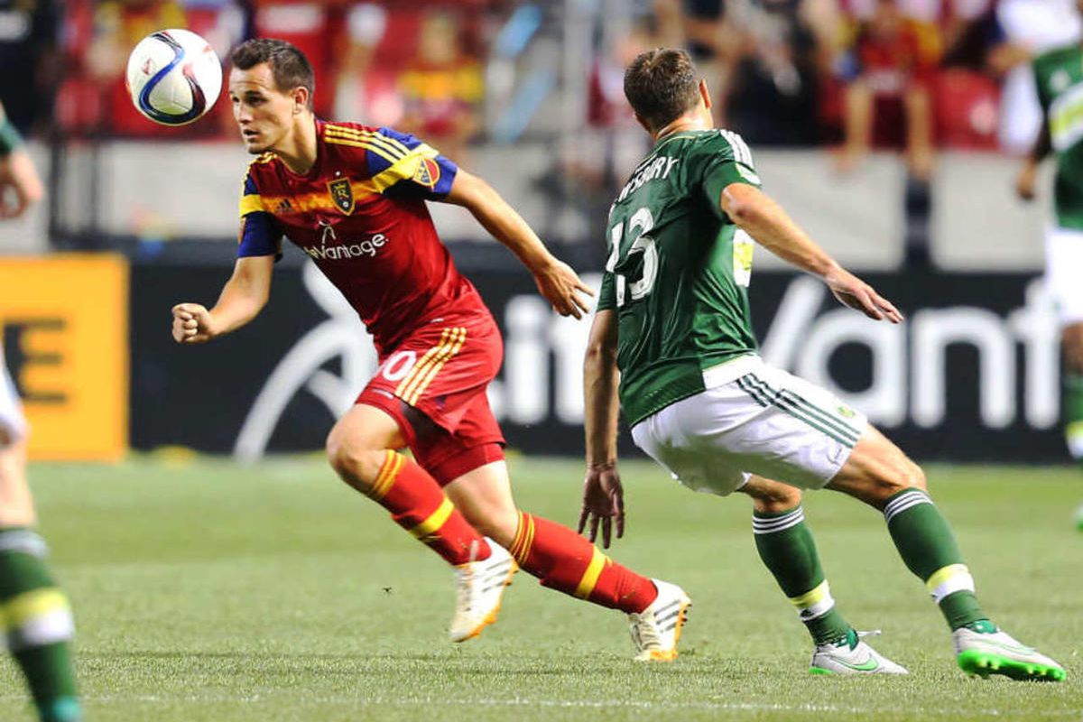 Real's Luis Gil pushes the ball past Jack Jewsbury as Real Salt Lake and the Portland Timbers play Wednesday, July 1, 2015, at Rio Tinto Stadium in Sandy. Real won 2-0.