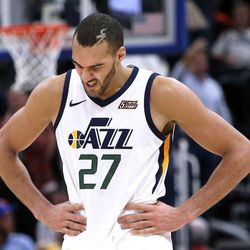 Utah Jazz center Rudy Gobert (27) reacts to a foul call during a basketball game against the New York Knicks at the Vivint Smart Home Arena in Salt Lake City on Friday, Jan. 19, 2018.