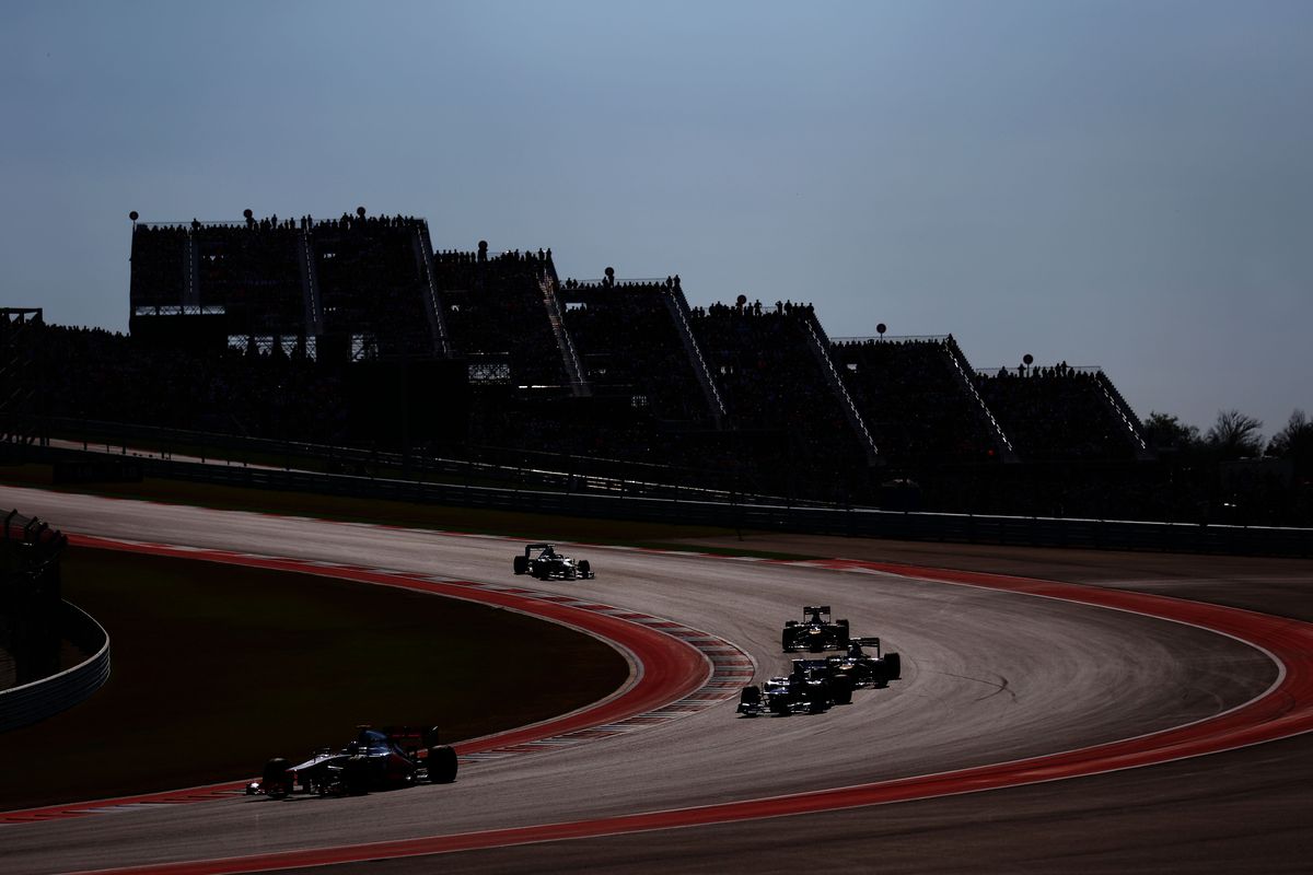 A general view as cars make their way through turn two during the United States Formula One Grand Prix at the Circuit of the Americas on November 18, 2012 in Austin, Texas.
