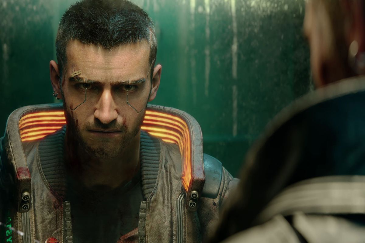 Shortly after the death of their partner, the player character stares into a filthy bathroom mirror in Cyberpunk 2077.