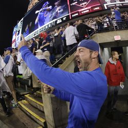 A fan celebrates during the 10th inning of Game 7 of the Major League Baseball World Series between the Cleveland Indians and the Chicago Cubs Thursday, Nov. 3, 2016, in Cleveland. 