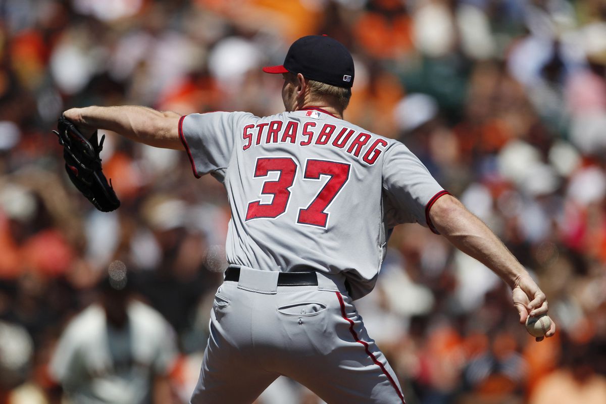 August 15, 2012; San Francisco, CA, USA; Washington Nationals pitcher Stephen Strasburg delivers a pitch during the first inning against the San Francisco Giants at AT&T Park. Mandatory Credit: Beck Diefenbach-US PRESSWIRE