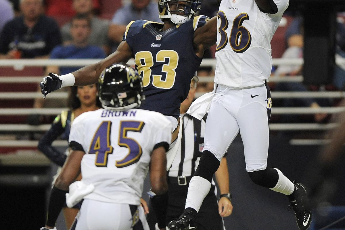 August 30, 2012; St. Louis, MO, USA; Baltimore Ravens cornerback Danny Gorrer (36) intercepts a pass intended for St. Louis Rams wide receiver Brian Quick (83) during the first half at the Edward Jones Dome. Mandatory Credit: Jeff Curry-US PRESSWIRE