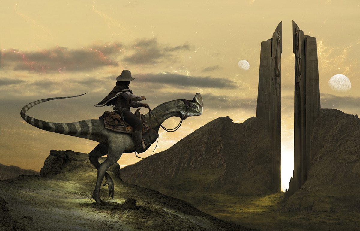 Ironsworn: Starforged art showing an adventurer riding a dinosaur-like creature on an alien planet. They are looking at a strange structure in the distance.