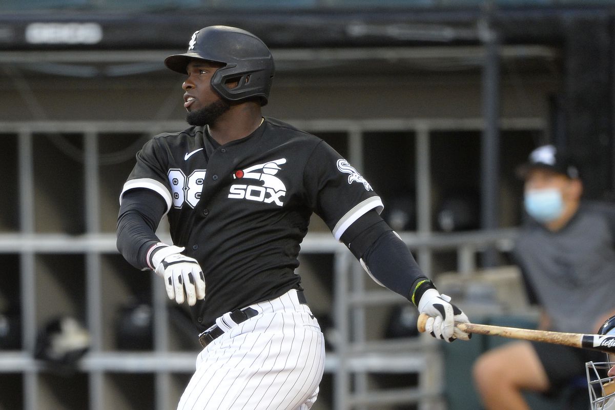 Luis Robert of the Chicago White Sox bats during a summer workout intrasquad game as part of Major League Baseball Spring Training 2.0 on July 16, 2020 at Guaranteed Rate Field in Chicago, Illinois.