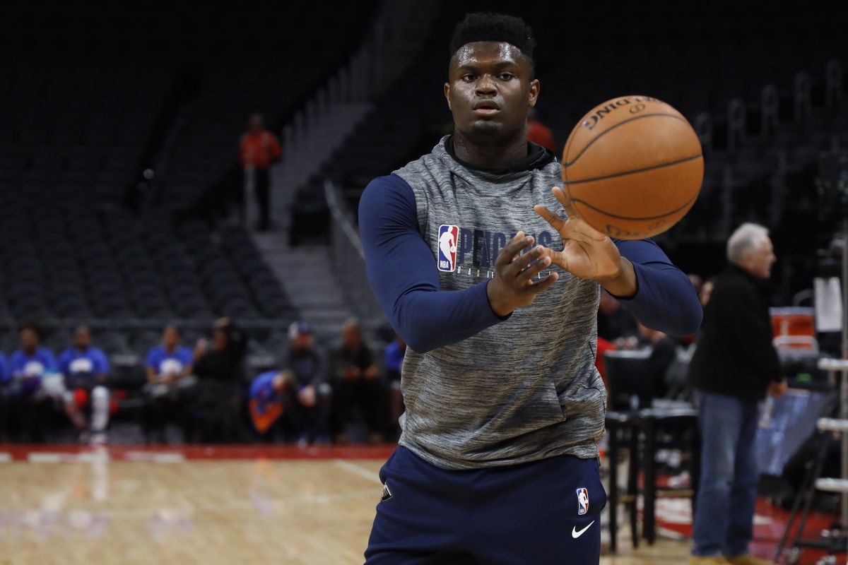New Orleans Pelicans forward Zion Williamson during warm ups prior to the game against the Detroit Pistons at Little Caesars Arena.