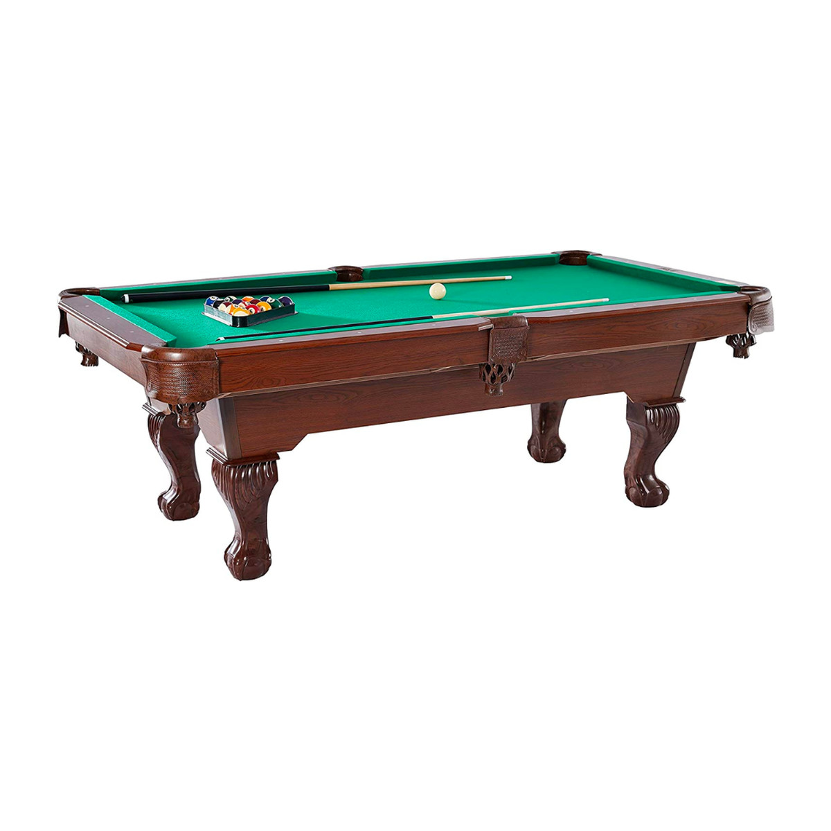 Barrington Billiards billiard pool table set with green felt, pool cues, cue ball, set of balls and rack