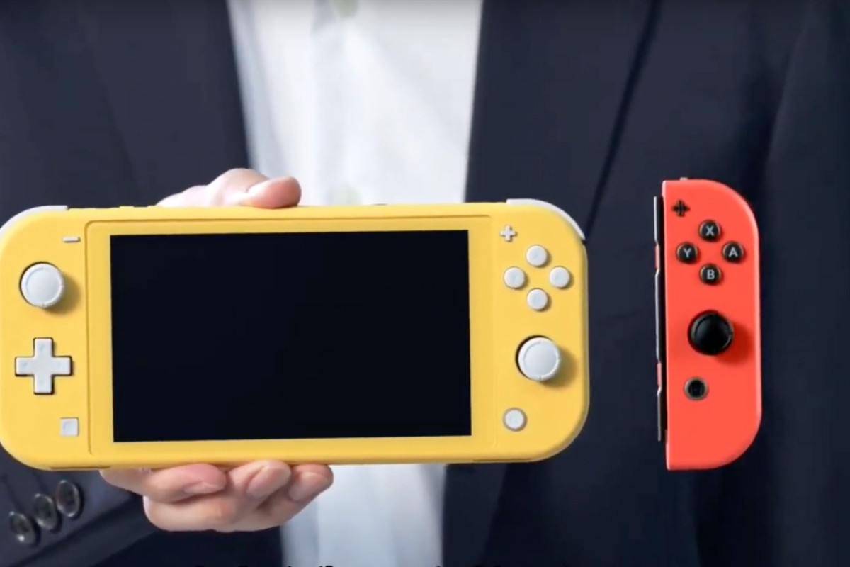 a yellow Nintendo Switch Lite next to a red Joy-Con