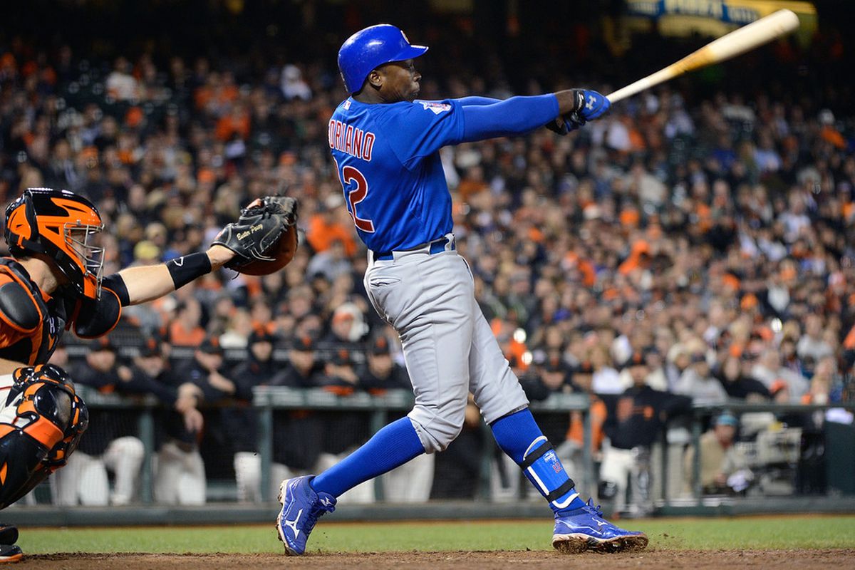 Alfonso Soriano of the Chicago Cubs hits a three-run home run against the San Francisco Giants at AT&T Park in San Francisco, California.  (Photo by Thearon W. Henderson/Getty Images)