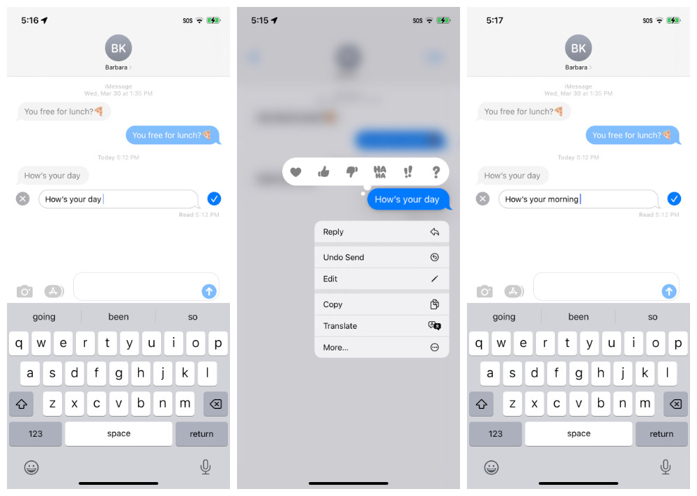 3 pantallas de iOS que muestran un mensaje que se está editando