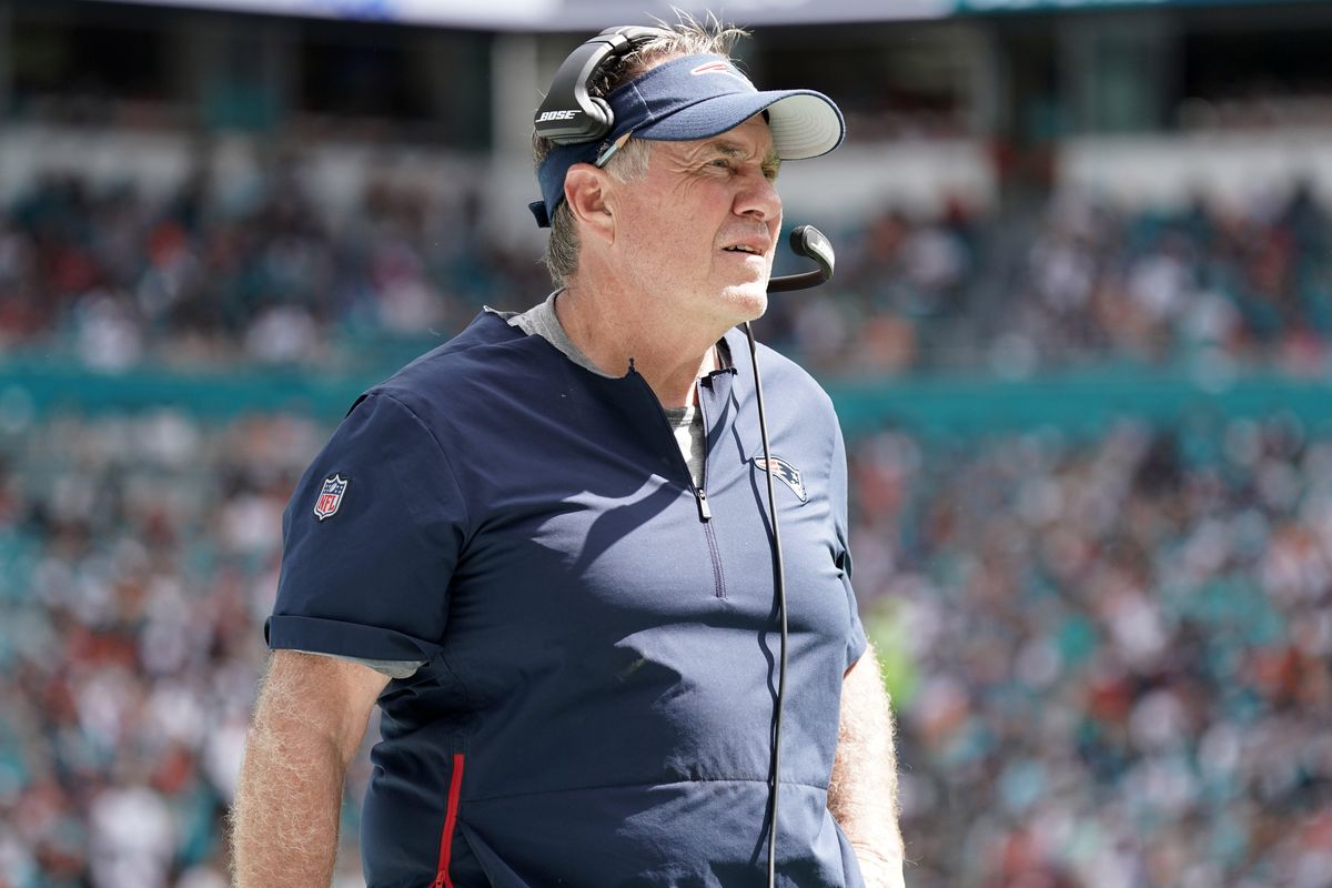 New England Patriots head coach Bill Belichick watches from the sidelines in the second half against the Miami Dolphins at Hard Rock Stadium.&nbsp;