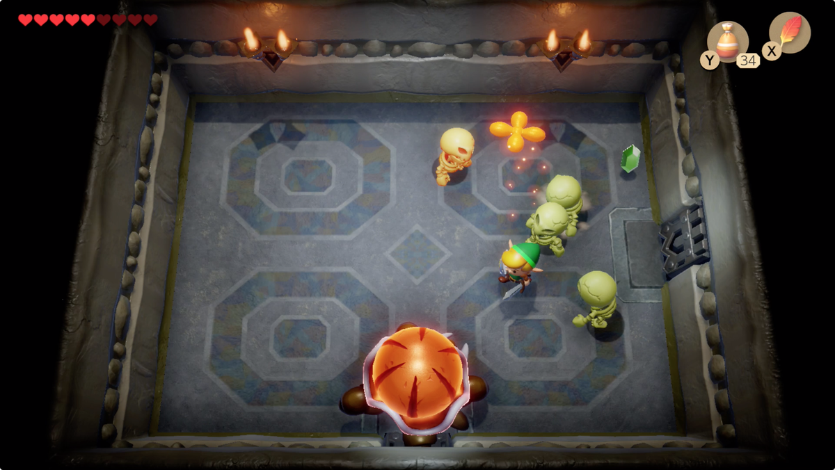 Link’s Awakening Color Dungeon Hardhit Beetle boss fight with Green Stalfos