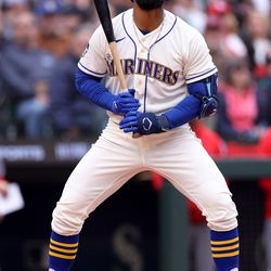 Teoscar Hernandez #35 of the Seattle Mariners reacts after a strike during the eighth inning against the St. Louis Cardinals at T-Mobile Park on April 23, 2023 in Seattle, Washington.