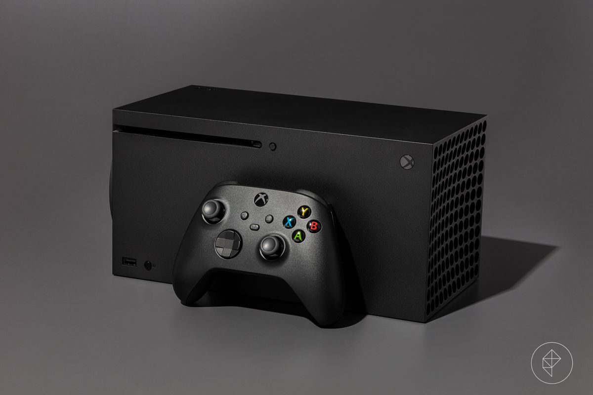 Xbox Series X video game console photographed on a dark grey background