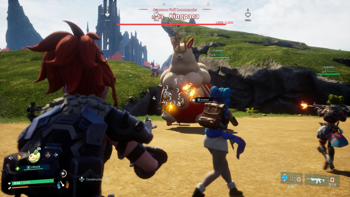 A team of players with assault weaponry tackle the Kingpaca boss fight. Kingpaca is a massive and fluffy regal llama-like creature, wearing a crown and robe