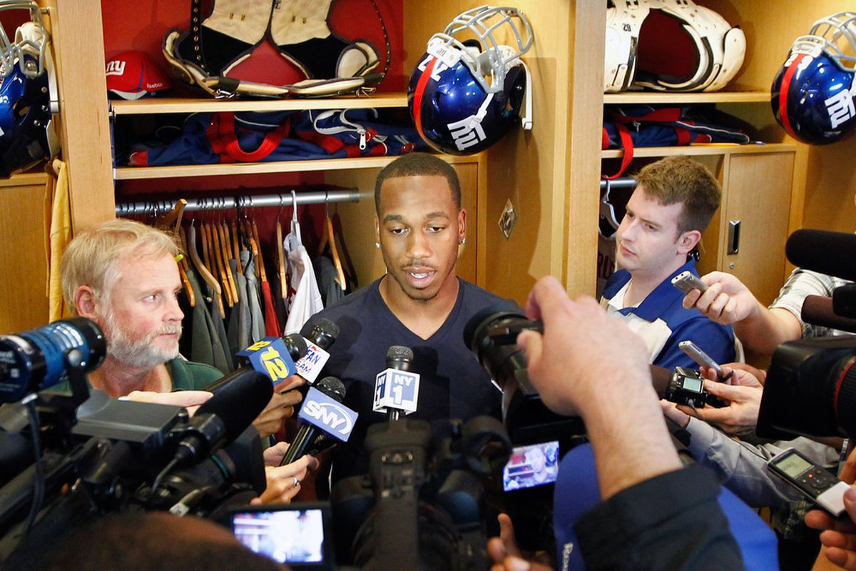 May 11, 2012; East Rutherford, NJ, USA; New York Giants wide receiver Reuben Randle (82) speaks to the media in the lockerroom after minicamp at the Timex Performance Center. Mandatory Credit: Debby Wong-US PRESSWIRE