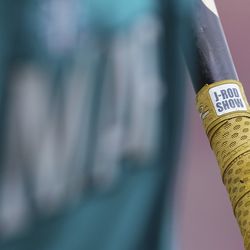 A detailed view of the bat handle of Julio Rodriguez #44 of the Seattle Mariners in the top of the eighth inning against the Philadelphia Phillies at Citizens Bank Park on April 27, 2023 in Philadelphia, Pennsylvania. The Philadelphia Phillies defeated the Seattle Mariners 1-0.