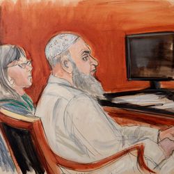 In this Jan. 20, 2015 courtroom sketch, Khaled al-Fawwaz, right, a defendant in the 1998 bombings of the U.S. embassies in Kenya and Tanzania that killed 224 people, is seated next to his defense attorney, Barbara O'Connor, during jury selection in Manhattan Federal Court. Prosecutors say al-Fawwaz, an early leader of al-Qaida, conspired in the 1998 bombings of two U.S. embassies in Africa. The attacks killed 224 people, including a dozen Americans.