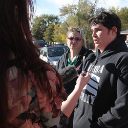 Jasen Trotter, who witnessed a shooting outside Union Middle School, talks with media on Tuesday, Oct. 25, 2016. A 16-year-old boy was shot in a confrontation with another teenager outside the Sandy school.