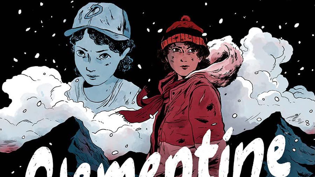 Clementine, a blood spattered young girl in winter clothes holding an axe, on the cover of Clementine Book One. Behind her are images of mountains, herself as a younger child, and snarling zombies. 