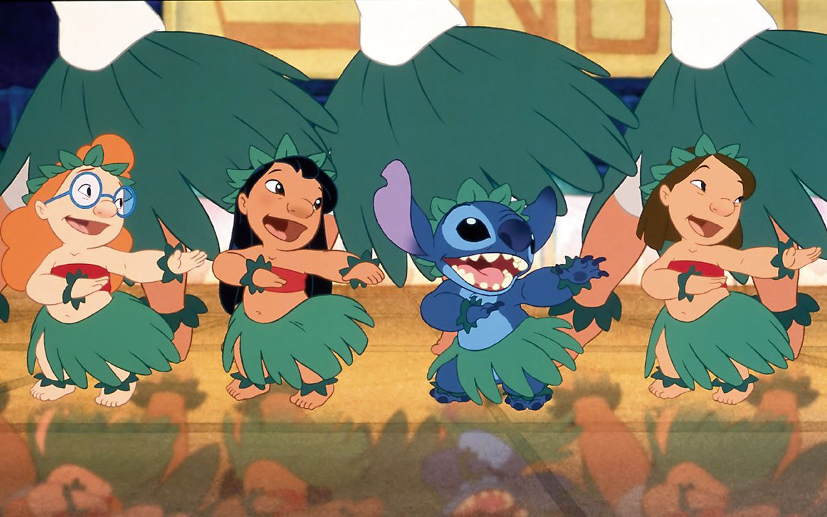 lilo and stitch dance a hulu with a line of other girls in grass skirts