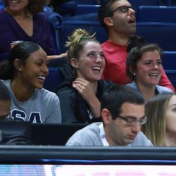 The UConn women’s basketball team watches the USA vs Canada Women’s Basketball exhibition game.