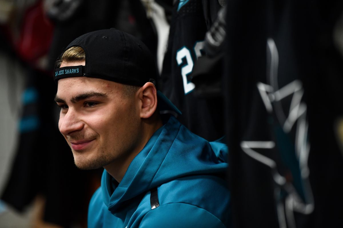 Timo Meier #28 of the San Jose Sharks prepares to take the ice for warmups against the Columbus Blue Jackets at SAP Center on January 9, 2020 in San Jose, California.