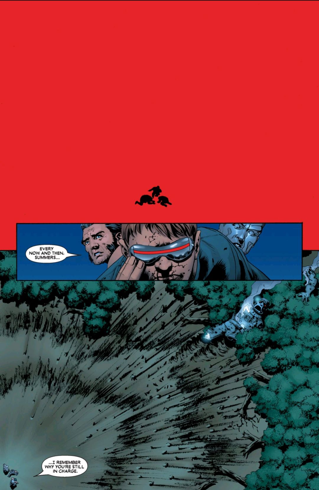 Cyclops destroying a sentinel is depicted only as a full panel of red. “Every now and then, Summers,” Wolverine says, in awe, “I remember why you’re still in charge.” Astonishing X-Men #8, Marvel Comics (2008). 