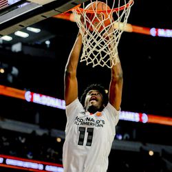 West forward Josh Jackson, from Justin-Siena/Prolific Prep Academy in Napa, Calif., dunks against the East team during the McDonald's All-American boys basketball game, Wednesday, March 30, 2016, in Chicago. The West beat the East  114-107. 