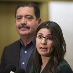 Cook County Commissioner Jesus “Chuy” Garcia and Cook County Board Democratic primary candidate Alma Anaya talk to reporters at City Hall about alleged ethics code violations in the race for the 7th District county commissioner seat, Tuesday, March 6, 2018. | Ashlee Rezin/Sun-Times