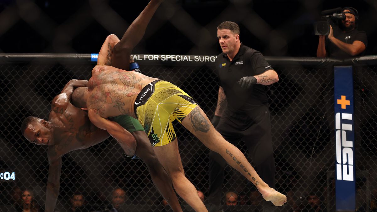 Alex Pereira takes Israel Adesanya at UFC 281 in November 2022. 