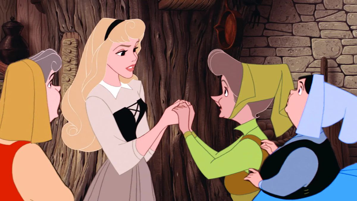 fauna holding aurora’s hands as merryweather and flora look confused in Disney’s Sleeping Beauty.