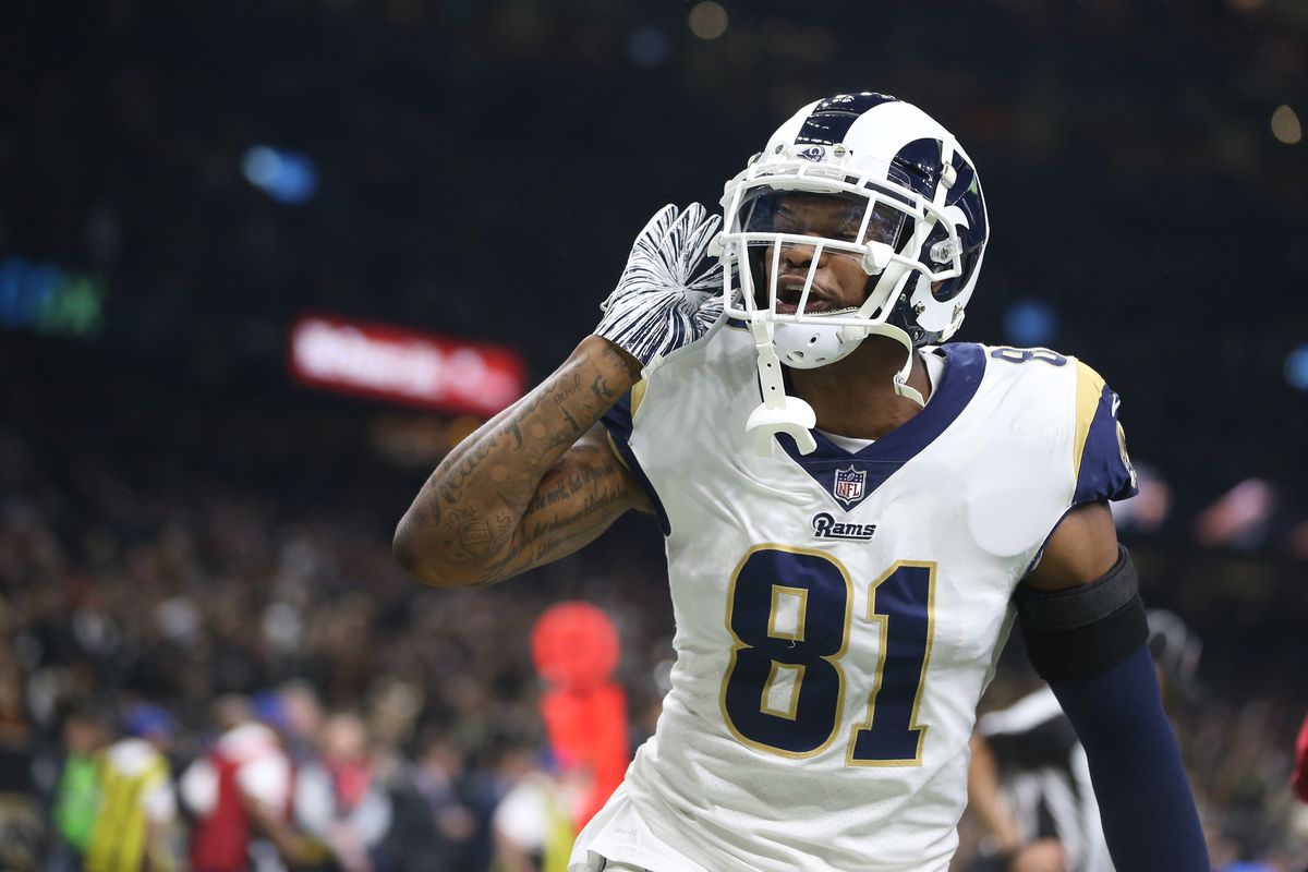 Los Angeles Rams tight end Gerald Everett reacts after a Rams touchdown against the New Orleans Saints during the third quarter of the NFC Championship game at Mercedes-Benz Superdome.&nbsp;