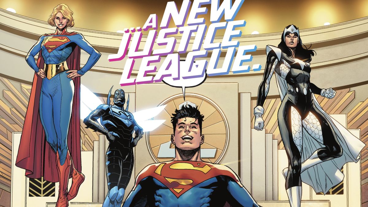 “A new Justice Leauge,” declares Jon Kent/Superman as he gestures joyously to the superheroes around him, Supergirl, Blue Beetle/Jamie Reyes, Doctor Light, Killer Frost, Booster Gold, Frankenstein, Blue Beetle/Ted Kord, Aqualad, Robin/Damian Wayne, and Harley Quinn in Dark Crisis #1 (2022). 